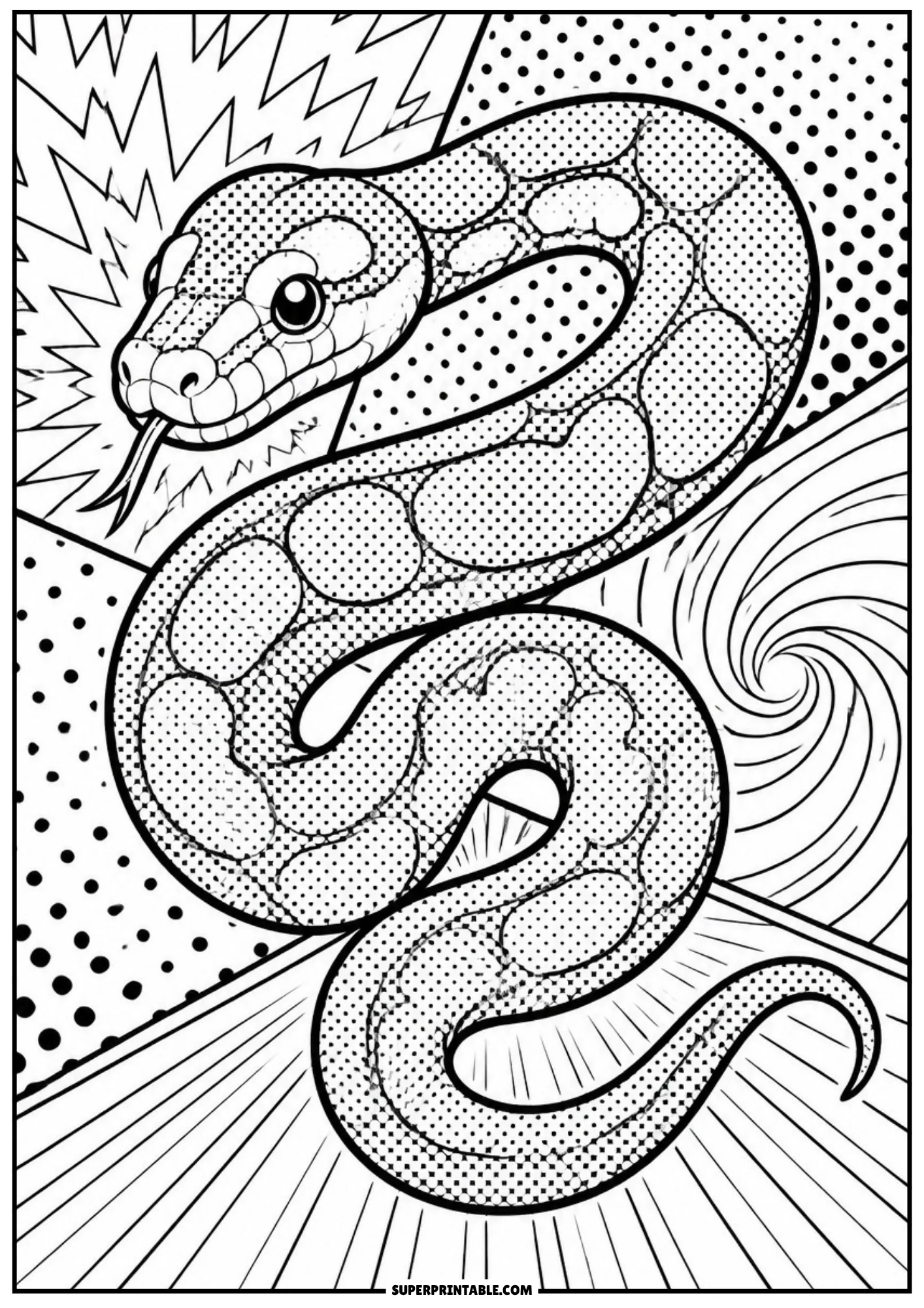 Patterned pet snake coiled in an S shape with tongue out against pop art lightning and dot panels.