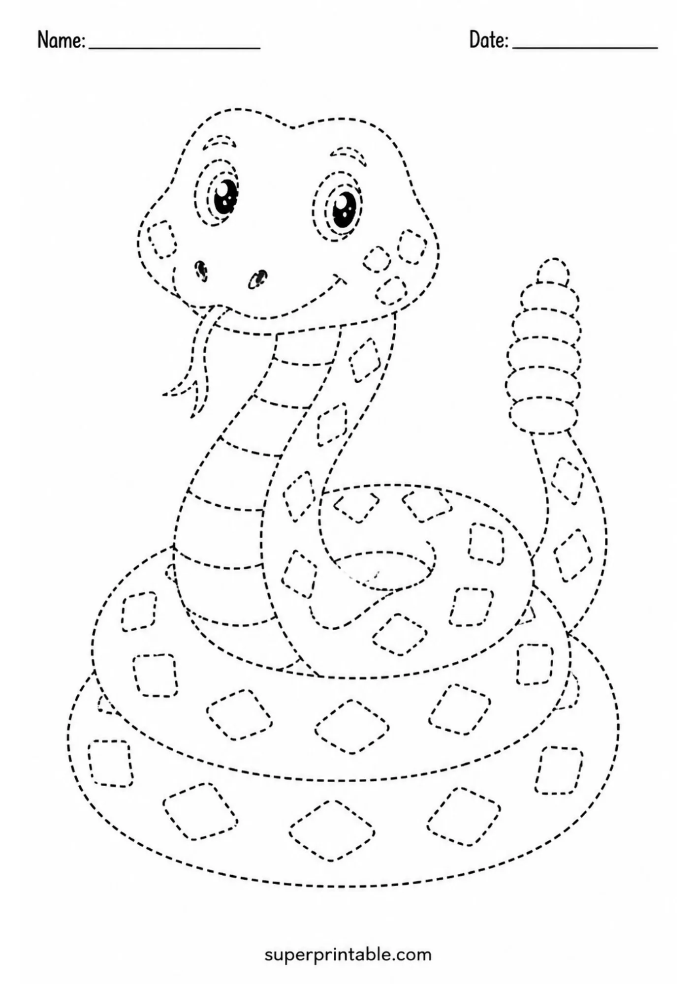 A desert life activity worksheet featuring a coiled rattlesnake with diamond patterns for line tracing.