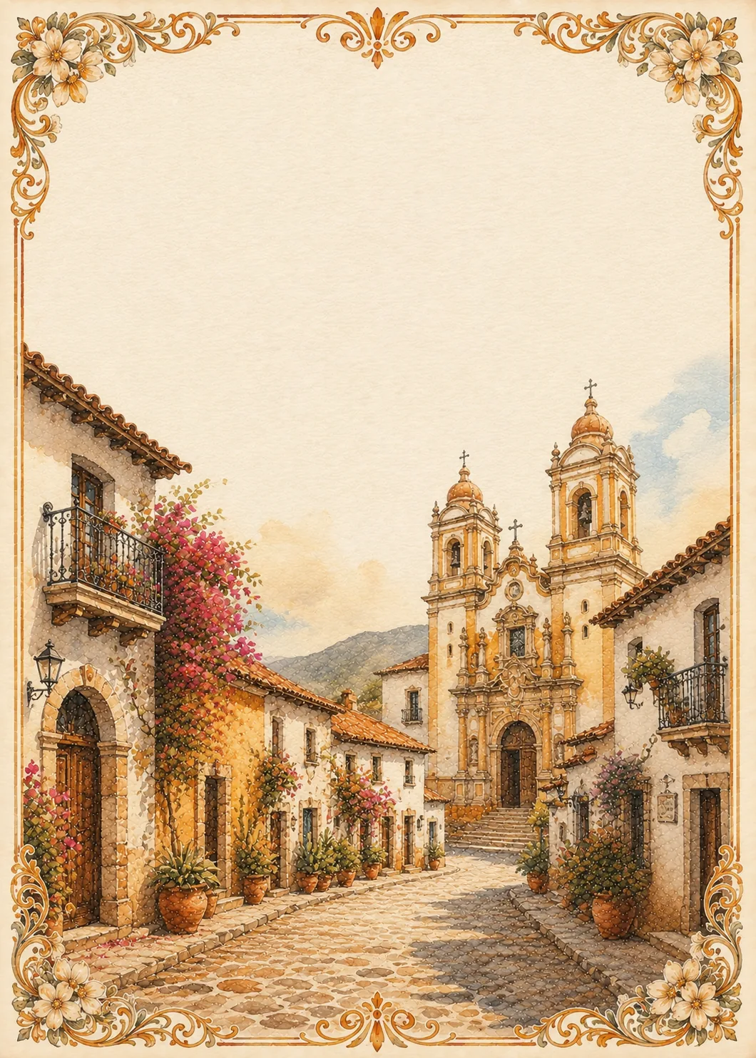Historic Mexican pueblo church with twin bell towers at the end of a cobbled street.