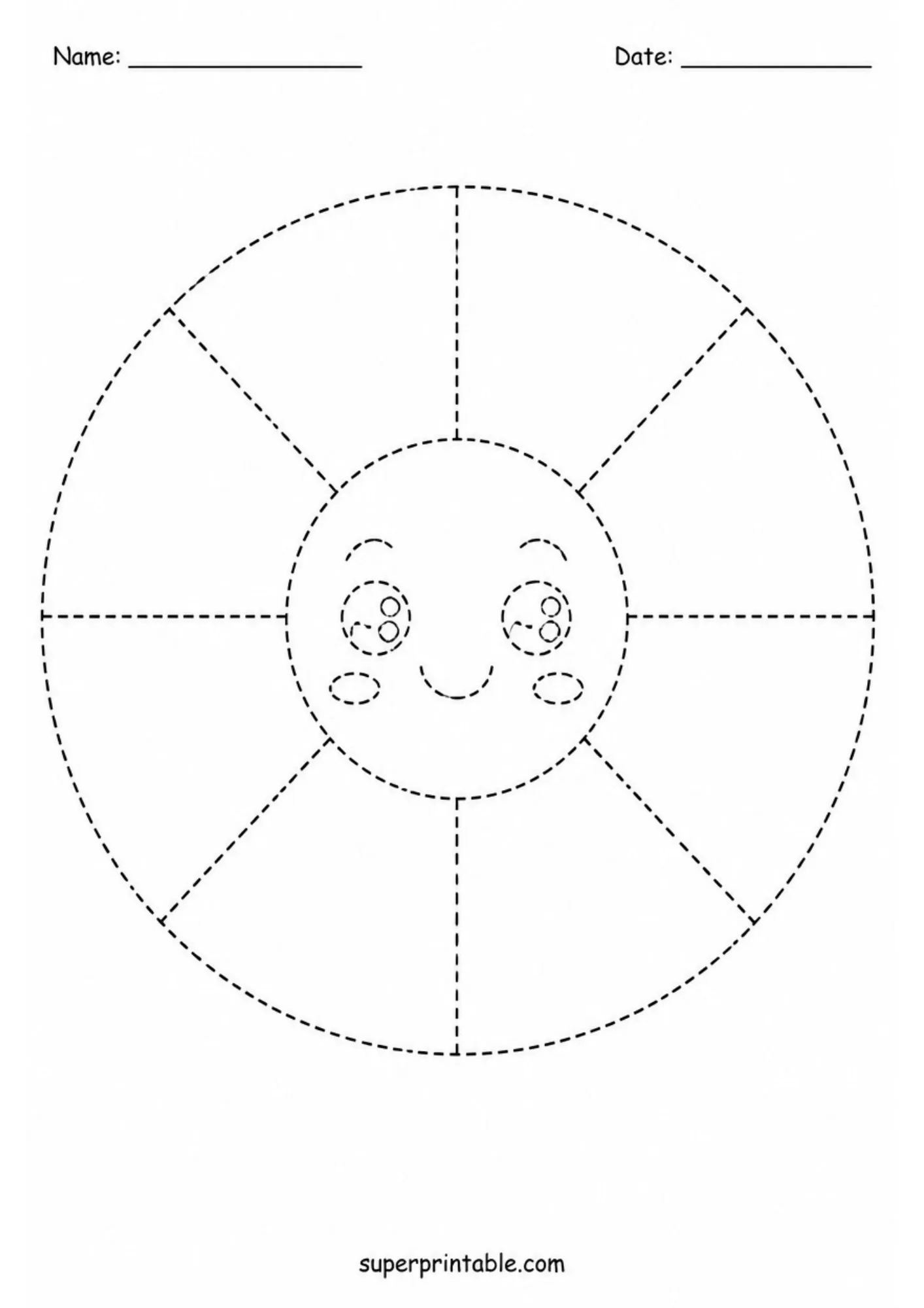 Eight section color wheel tracing sheet with a cheerful smiling face center for early childhood art activities.