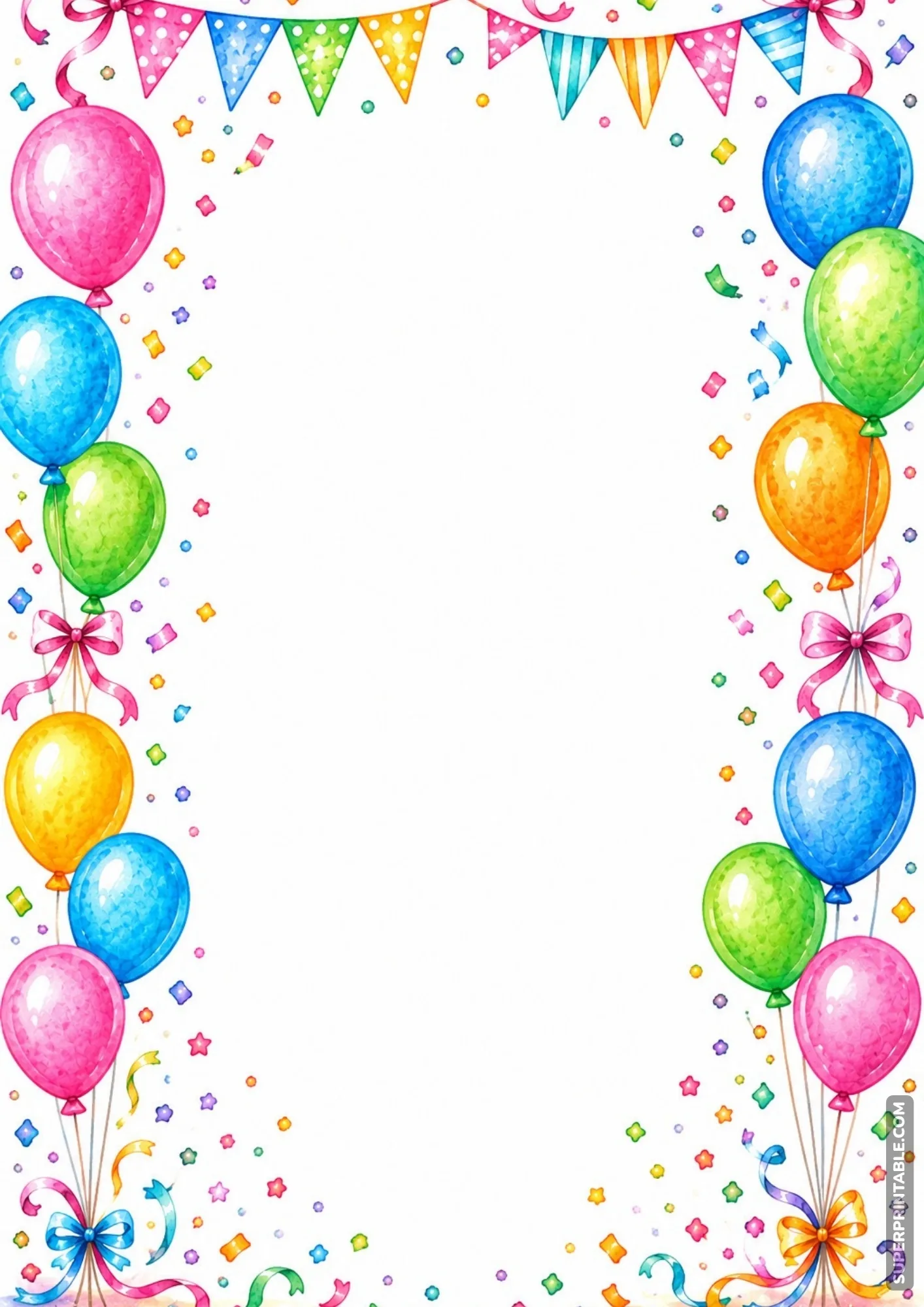 Festive frame with bright watercolor balloon bunches, decorative streamers, and bunting.