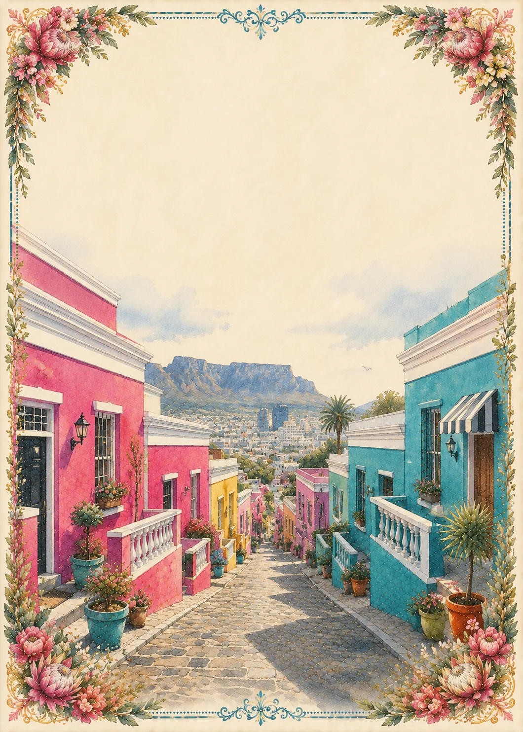 Brightly painted pink and turquoise hillside street leading to ocean view.