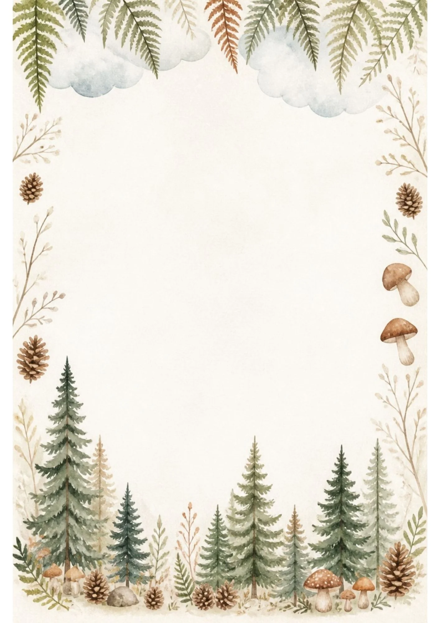 Watercolor border page with stacked red, blue, and tan mushrooms on the right side among ferns, pine sprigs, and pinecones