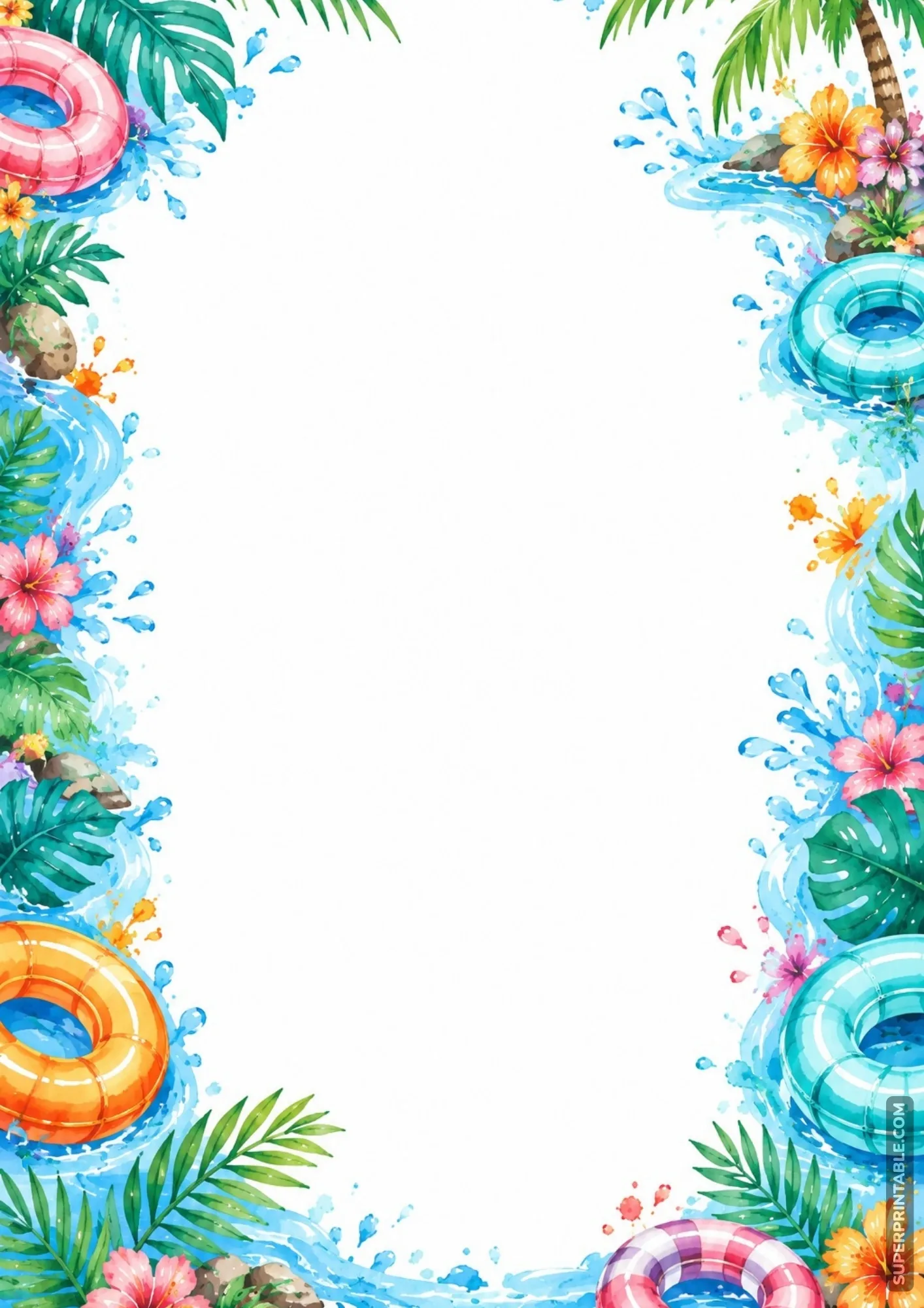 Watercolor frame adorned with colorful pool floats, tropical flowers, and splashing water.