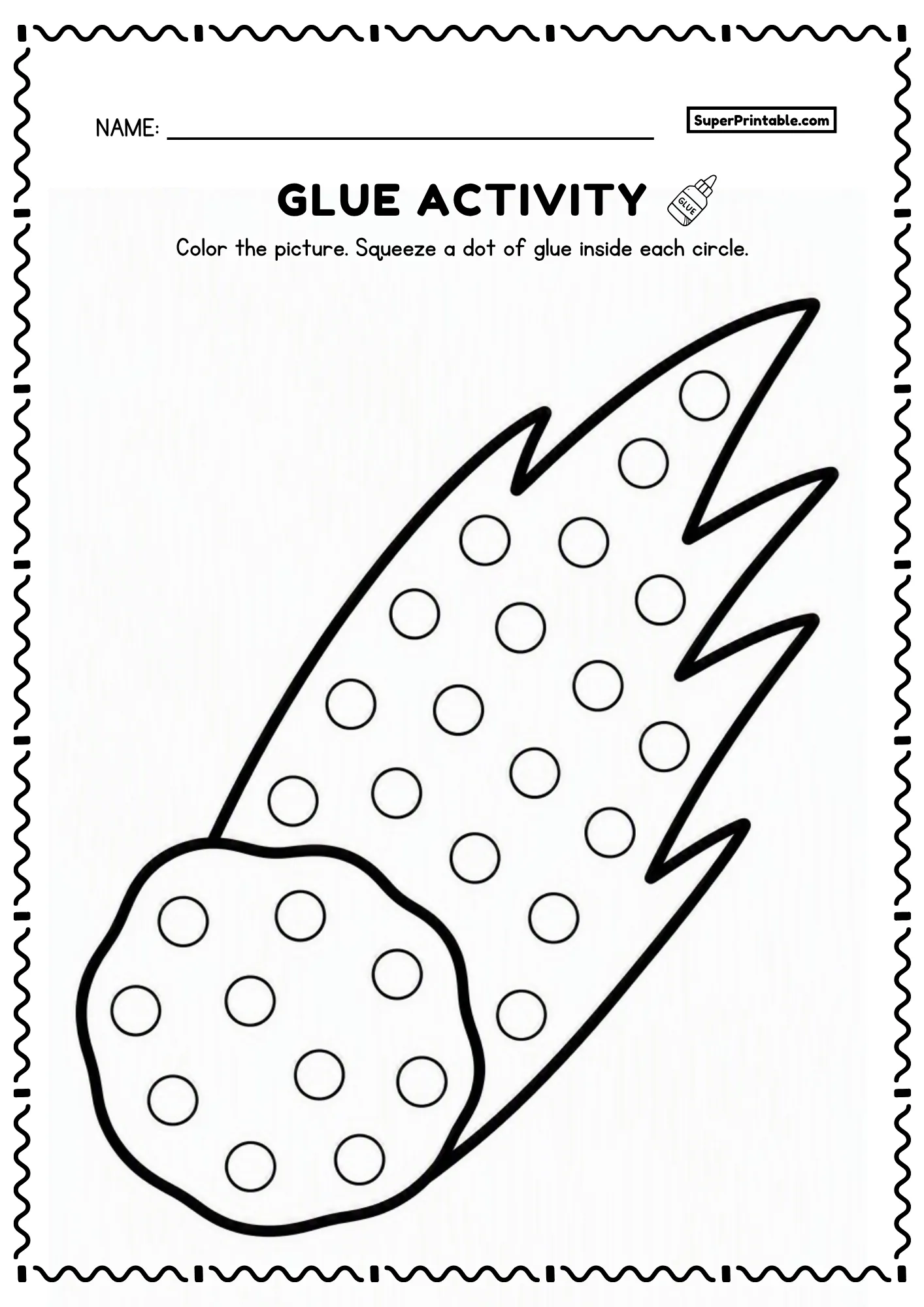 Comet coloring and glue activity with circles across the rocky head and long tail