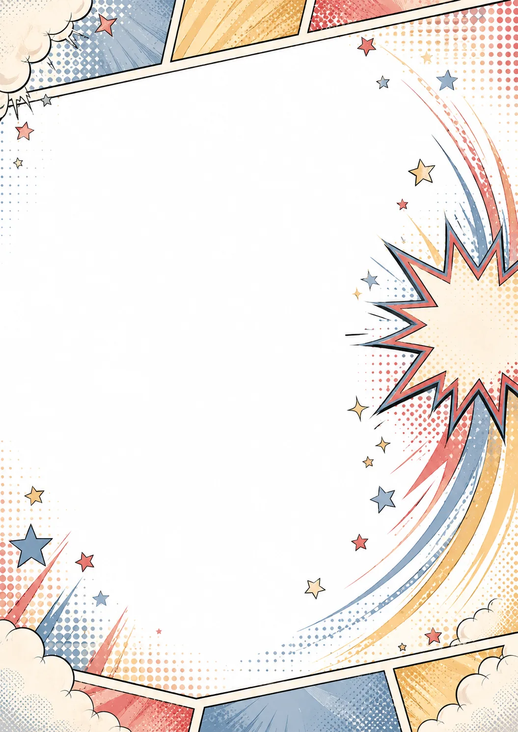 Colorful comic border with rainbow arc, action bursts, stars, and a large blank center
