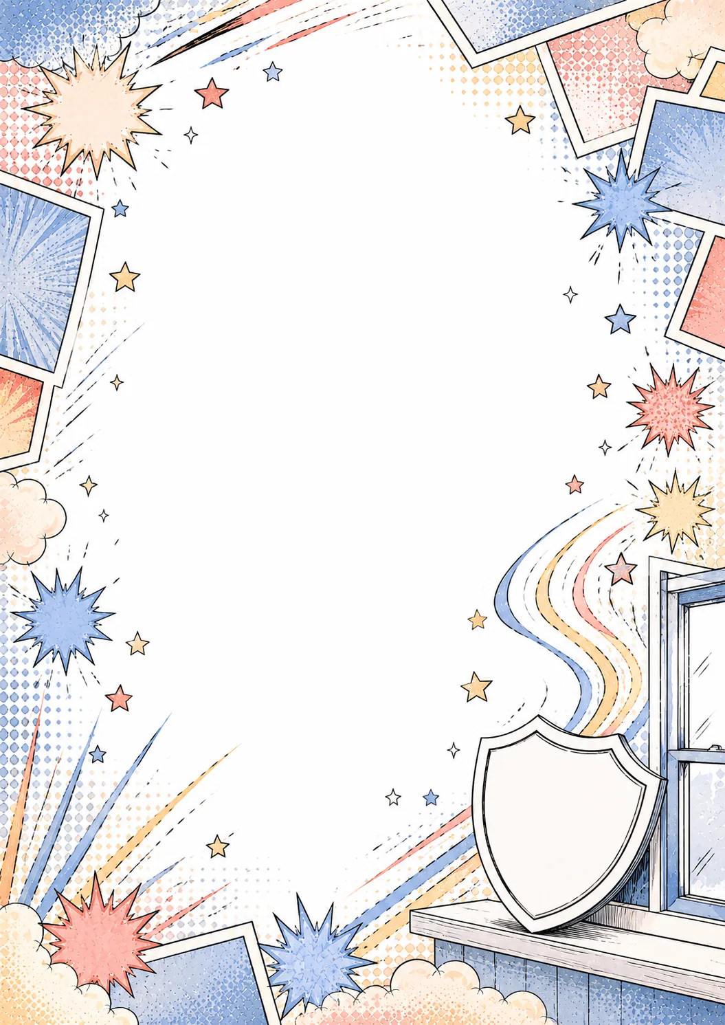 Comic border with superhero shield, action panels, starbursts, stars, and sweeping lines