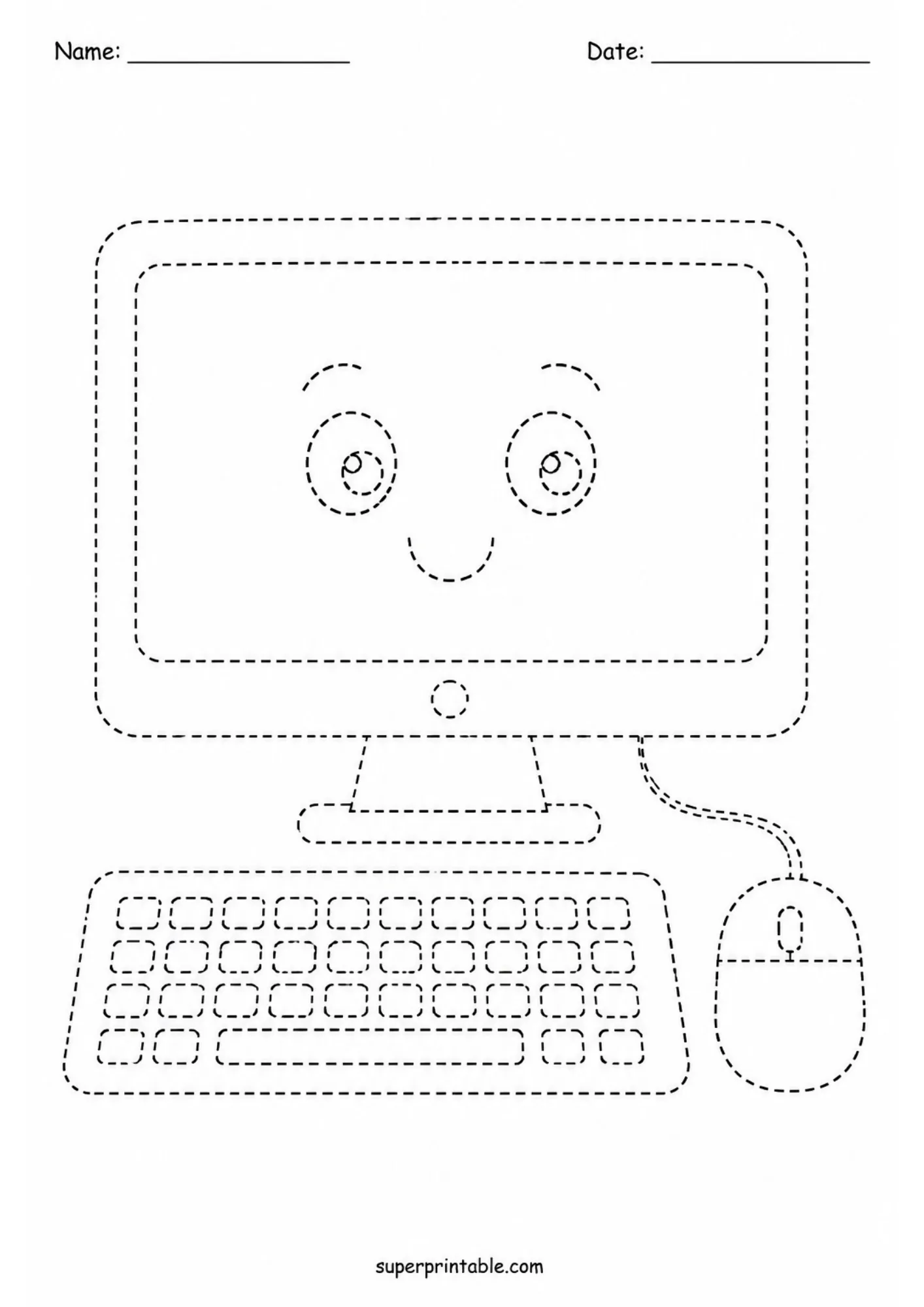 Printable desktop computer and keyboard dotted line activity sheet.
