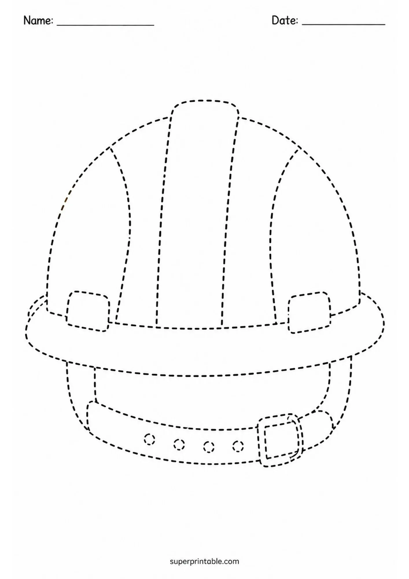 Detailed construction safety hard hat outline page designed for tracing practice.