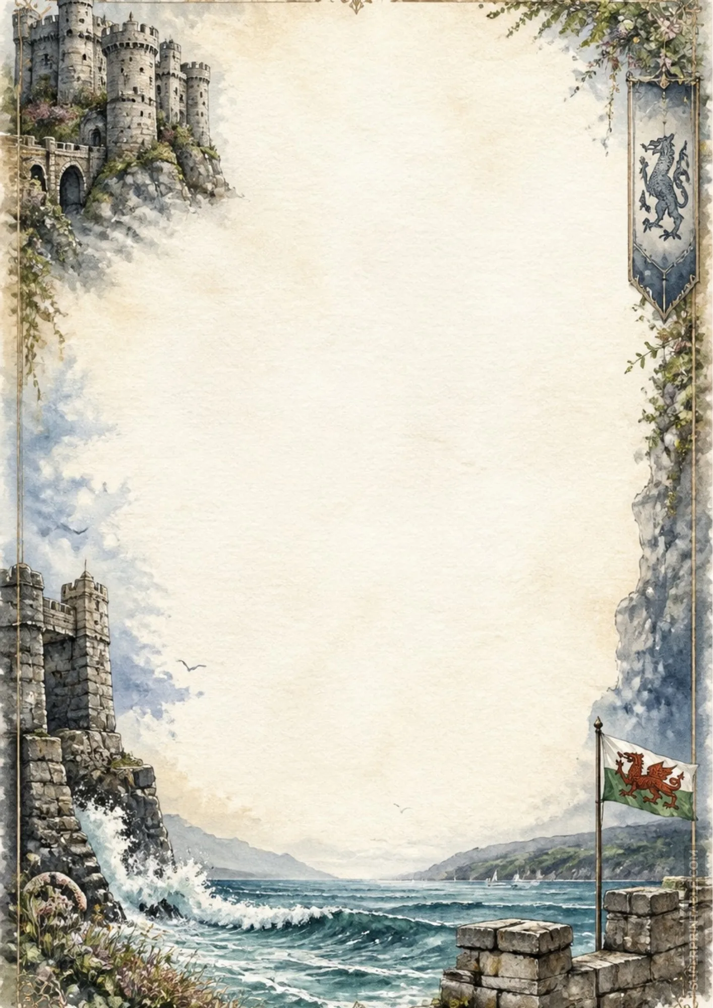 Conwy Castle Wales coastal watercolor stationery page featuring crashing sea waves and Welsh dragon flag