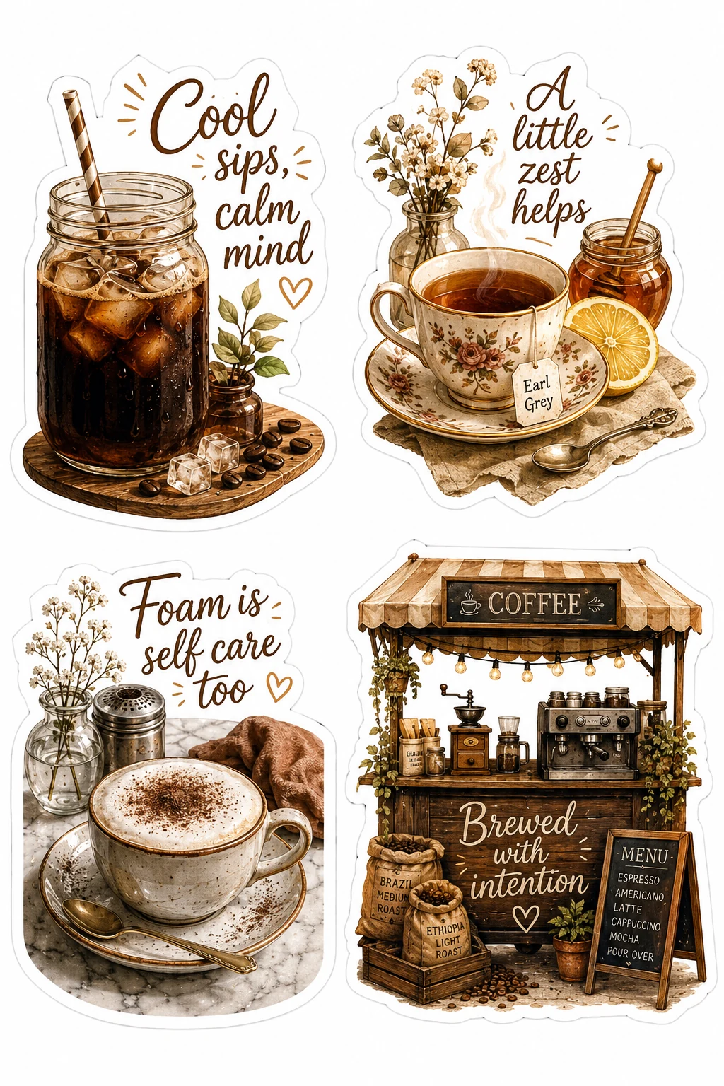 Cool Sips Foam Self Care Brewed Intention Sheet featuring cozy coffee aesthetic, tea time rituals, espresso drinks, and bakery cafes.