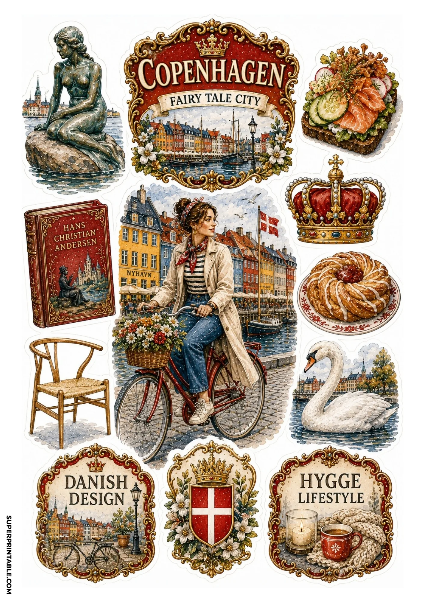 Printable Copenhagen sticker sheet showing Nyhavn harbor and Little Mermaid statue