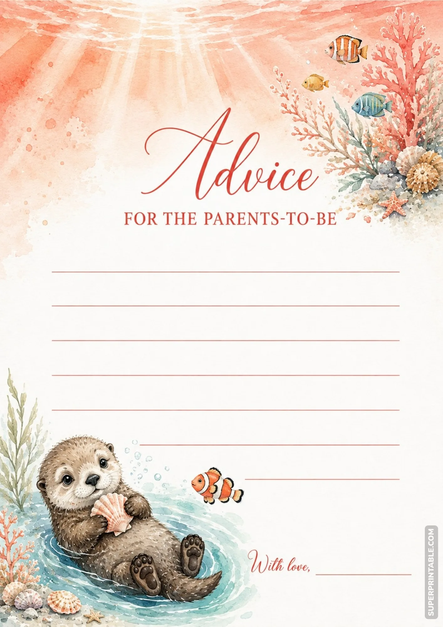 Coral reef baby shower advice printable card featuring floating sea otter with shell and clownfish.
