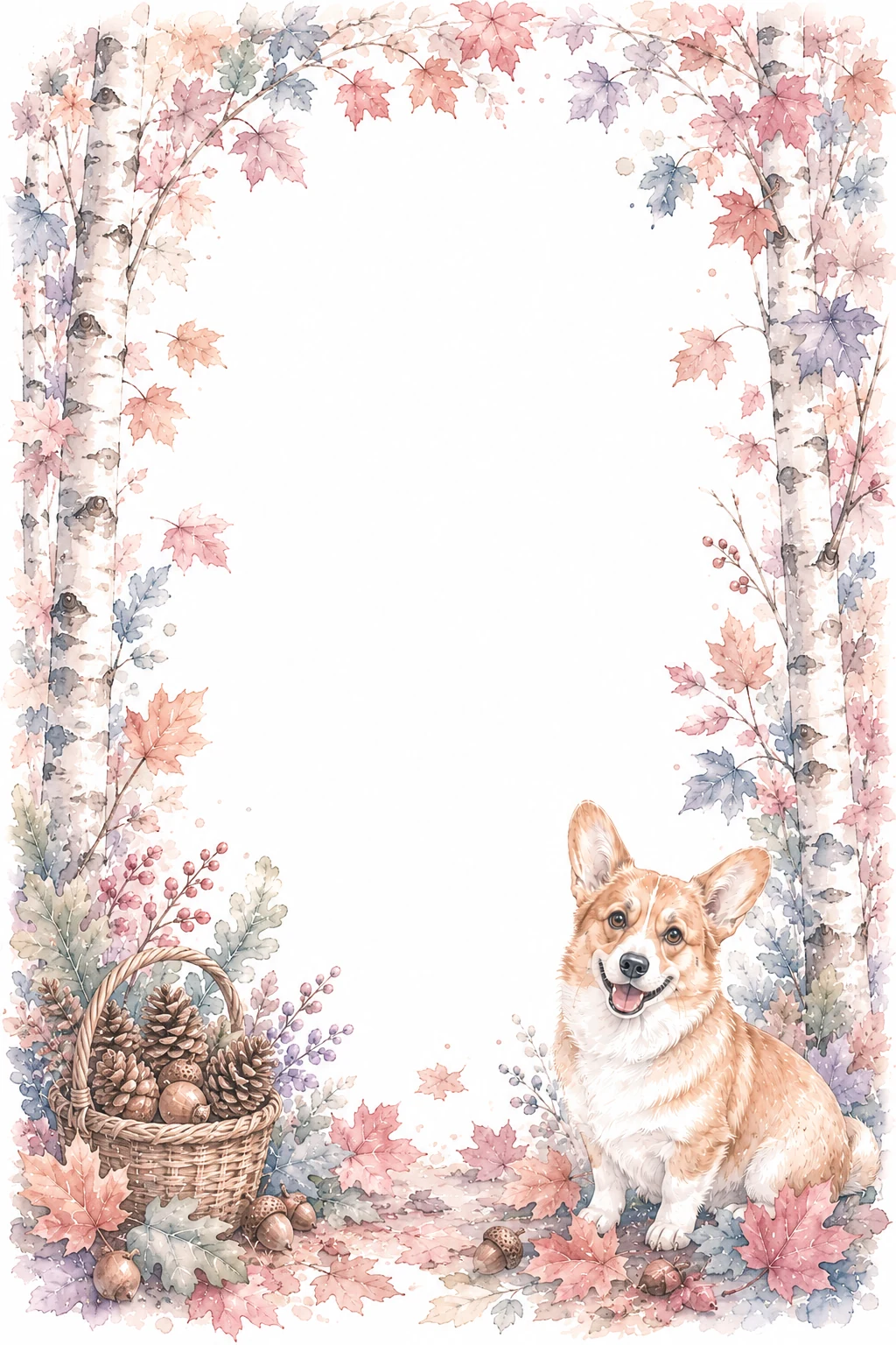 Watercolor border page featuring a Corgi in a autumn setting, with a blank center and no text or watermark.