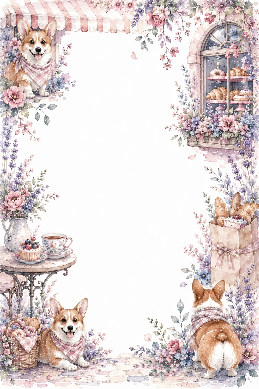 Watercolor border page featuring a Corgi in a bakery setting, with a blank center and no text or watermark.