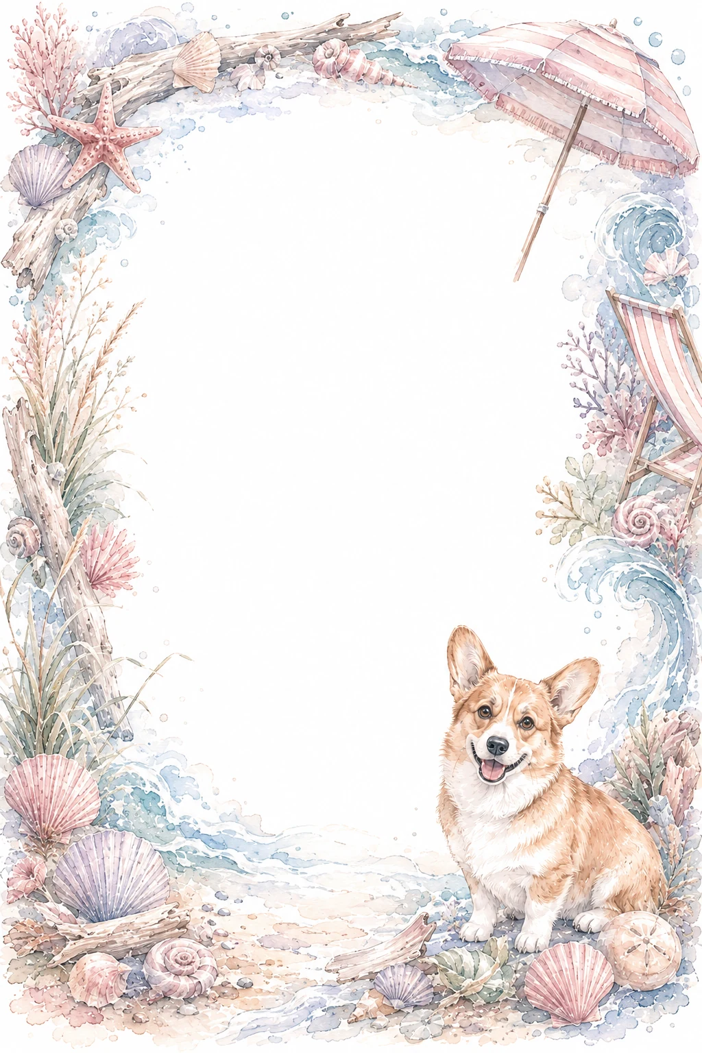 Watercolor border page featuring a Corgi in a beach setting, with a blank center and no text or watermark.