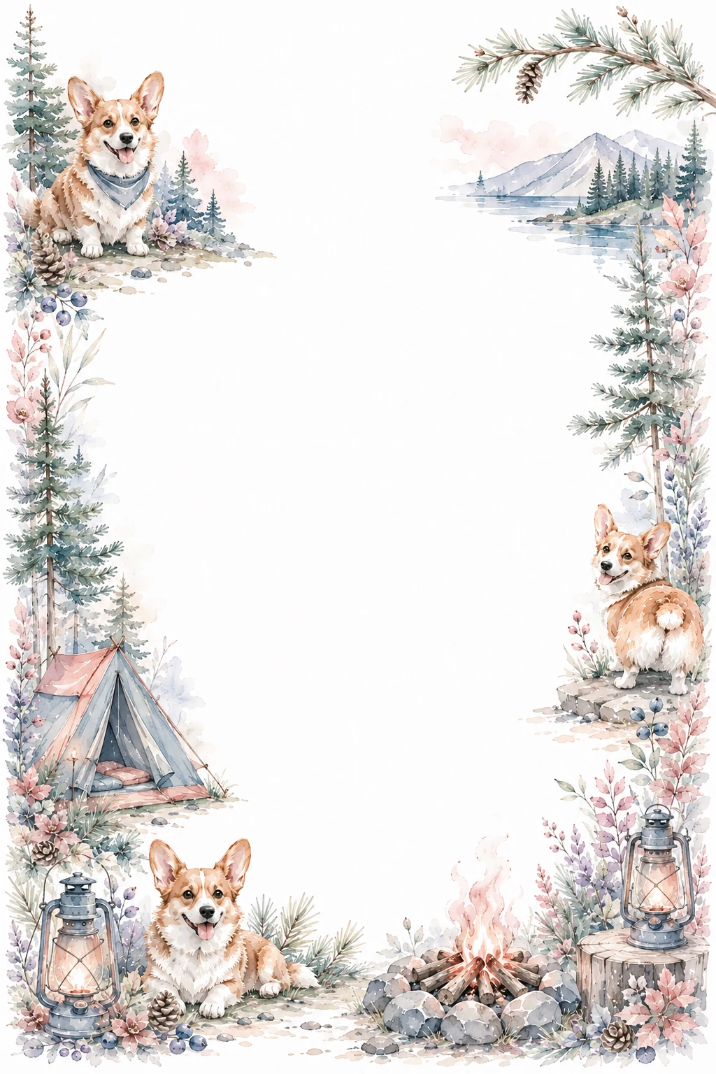 Watercolor border page featuring a Corgi in a camping setting, with a blank center and no text or watermark.