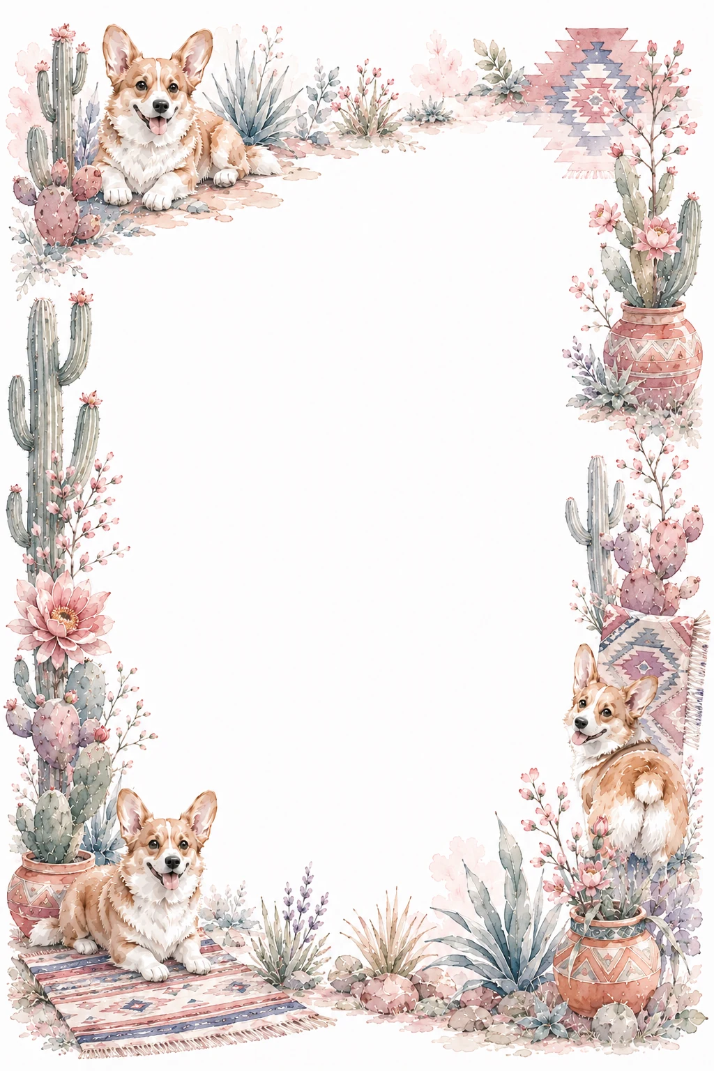 Watercolor border page featuring a Corgi in a desert setting, with a blank center and no text or watermark.