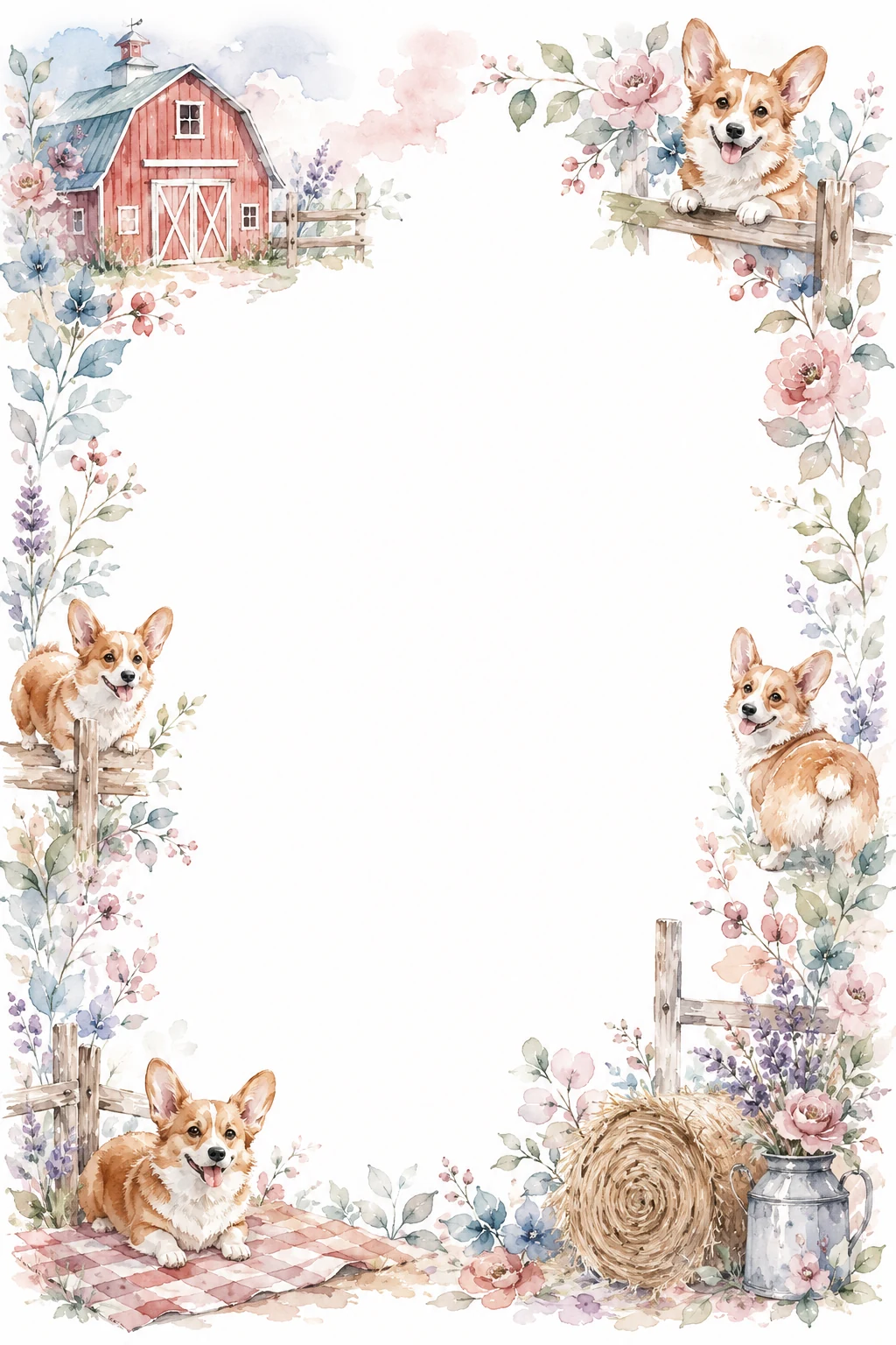 Watercolor border page featuring a Corgi in a farmhouse setting, with a blank center and no text or watermark.