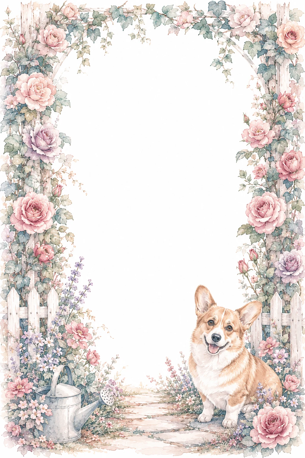 Watercolor border page featuring a Corgi in a garden setting, with a blank center and no text or watermark.