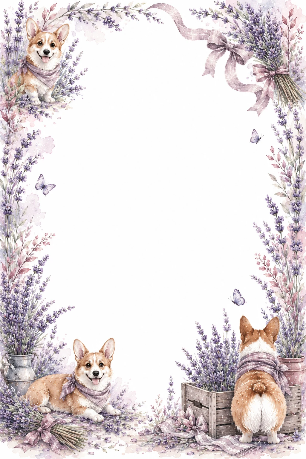 Watercolor border page featuring a Corgi in a lavender field setting, with a blank center and no text or watermark.