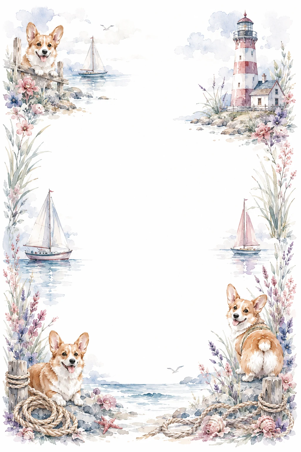 Watercolor border page featuring a Corgi in a lighthouse setting, with a blank center and no text or watermark.