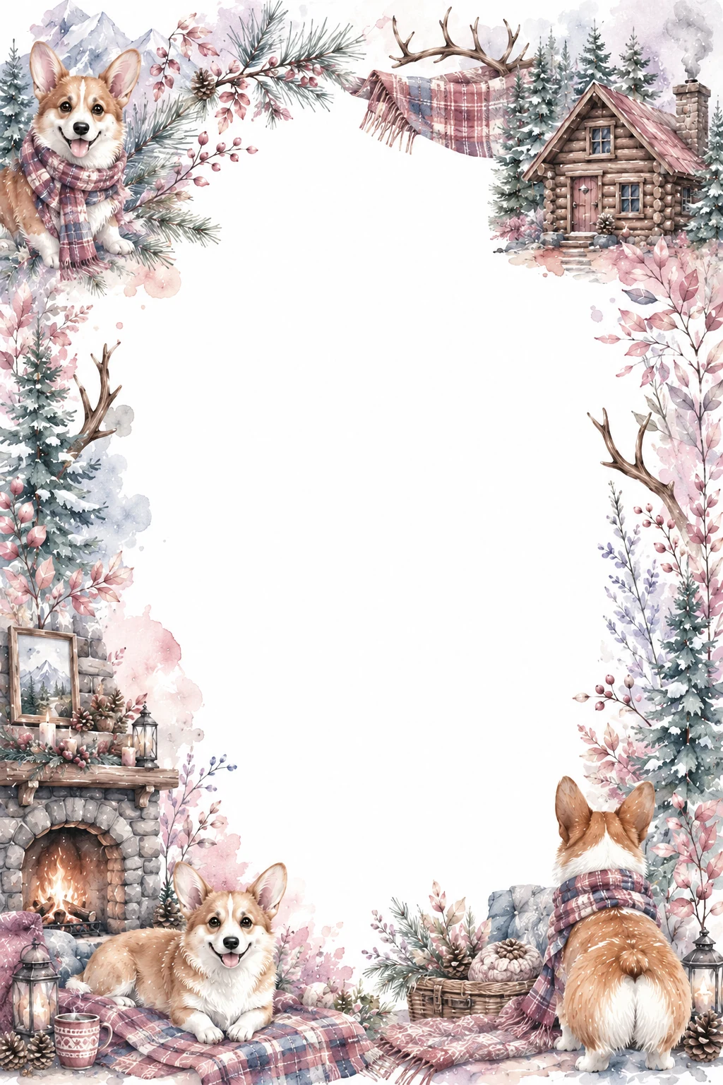 Watercolor border page featuring a Corgi in a mountain lodge setting, with a blank center and no text or watermark.