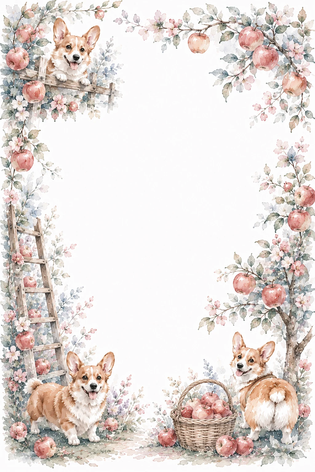 Watercolor border page featuring a Corgi in a orchard setting, with a blank center and no text or watermark.