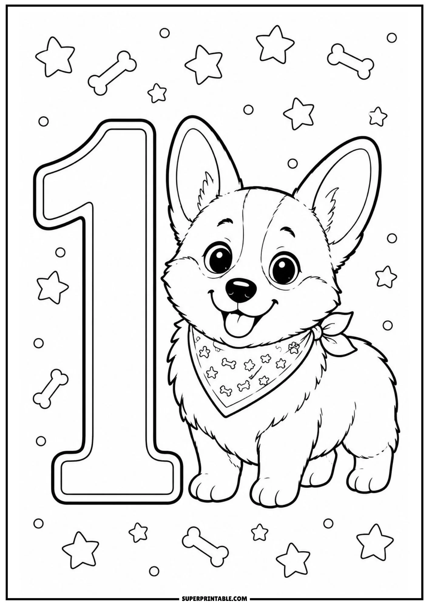 Corgi numbers coloring pages showing a happy puppy standing beside a large bubble number one.