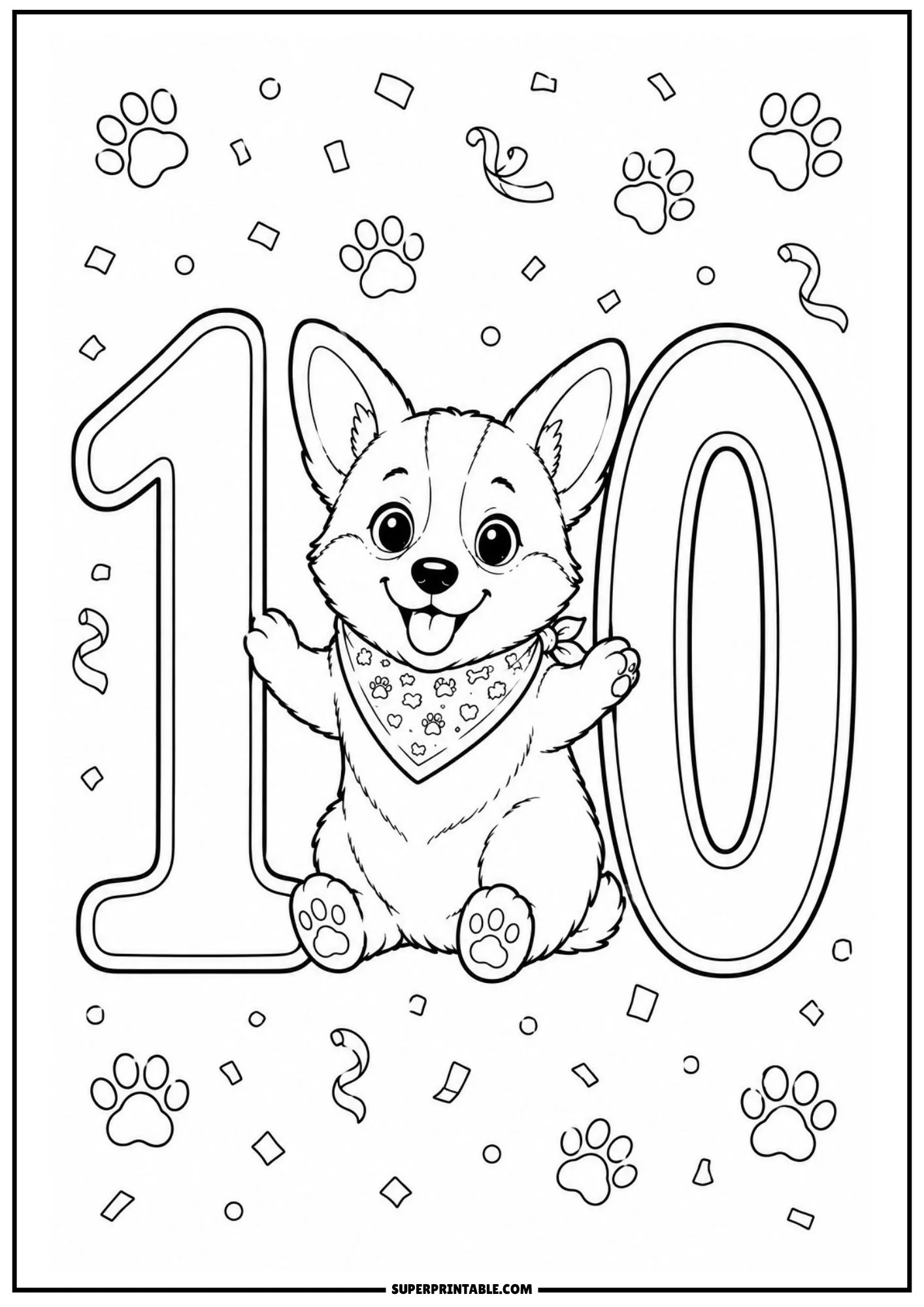 Joyful corgi puppy celebrating between the digits of a large number ten with party confetti.
