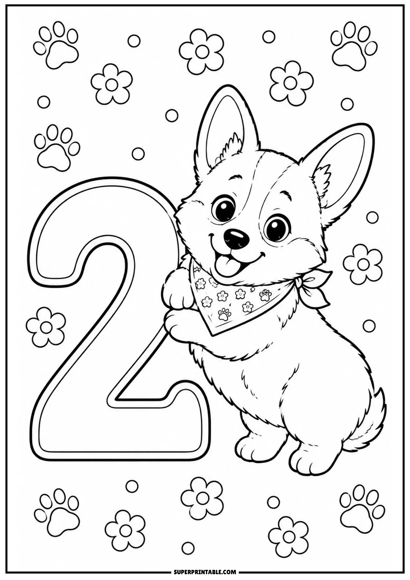 Cute corgi puppy hugging a large outline of number two surrounded by flowers and paw prints.