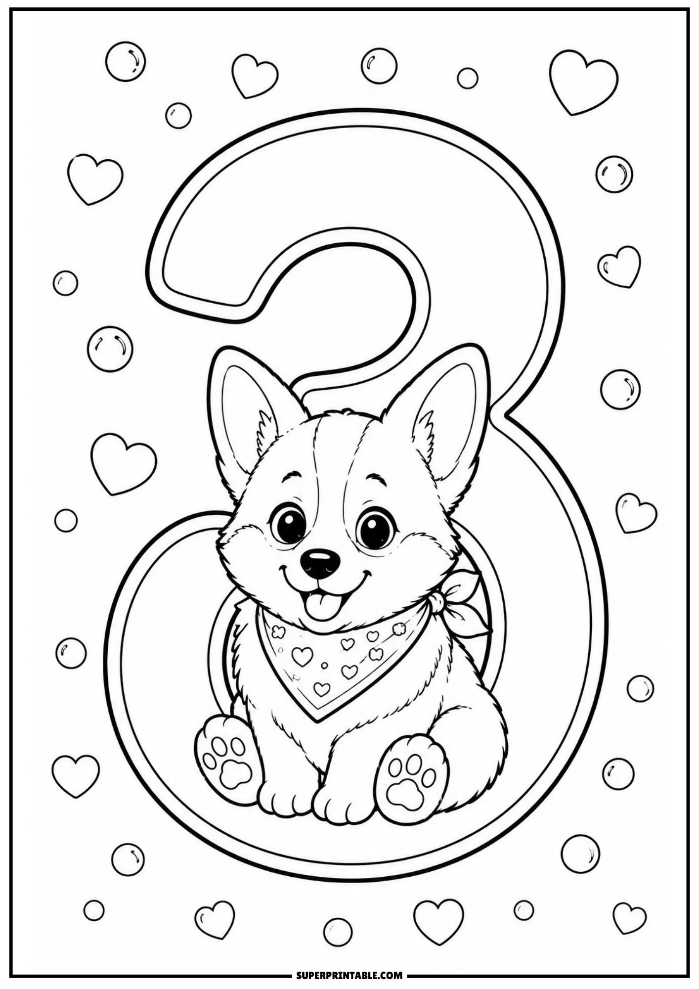 Adorable corgi puppy sitting cozy inside the curve of a giant number three with heart patterns.