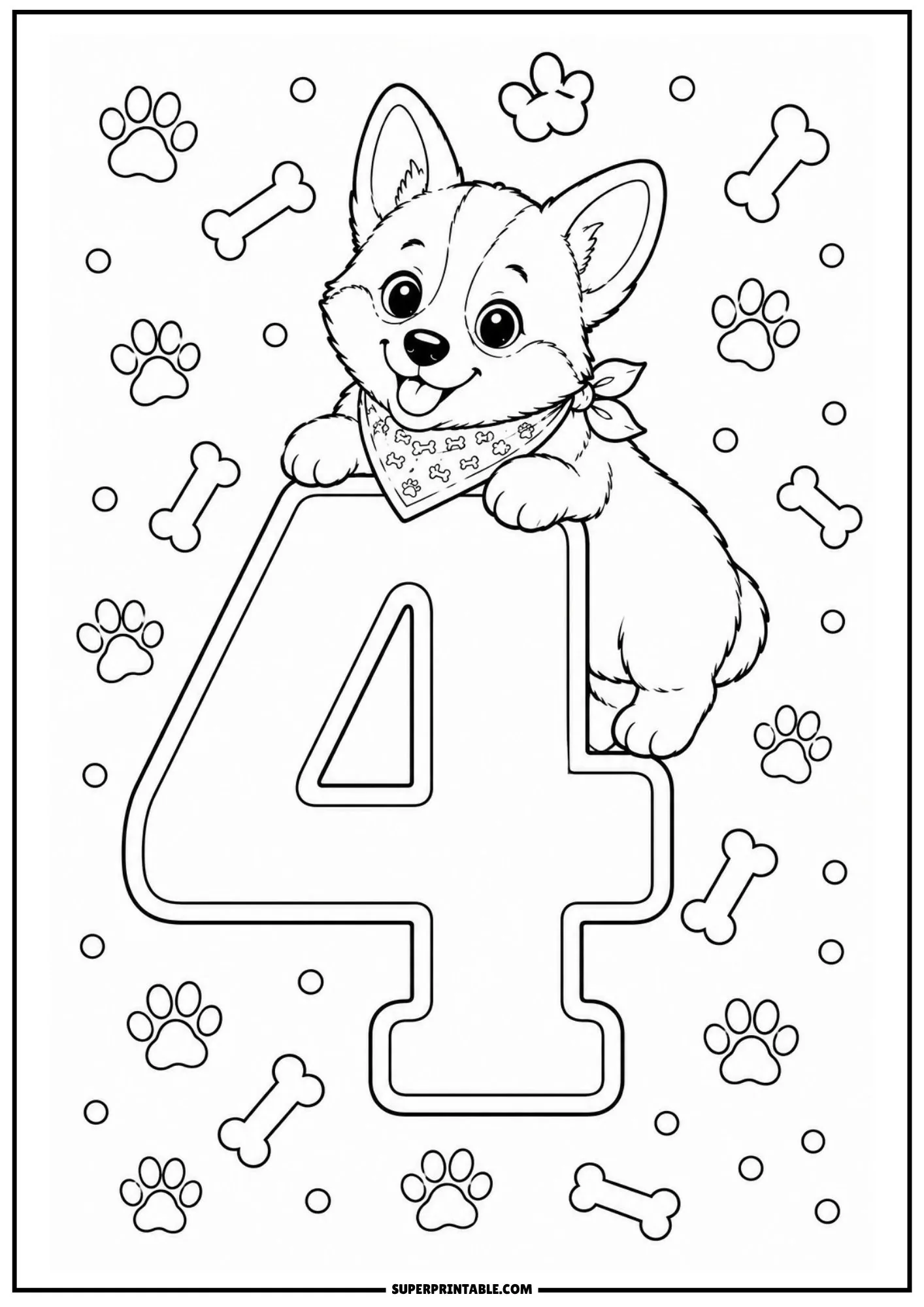 Sweet corgi puppy resting its paws on top of a big number four with scattered bones and paws.
