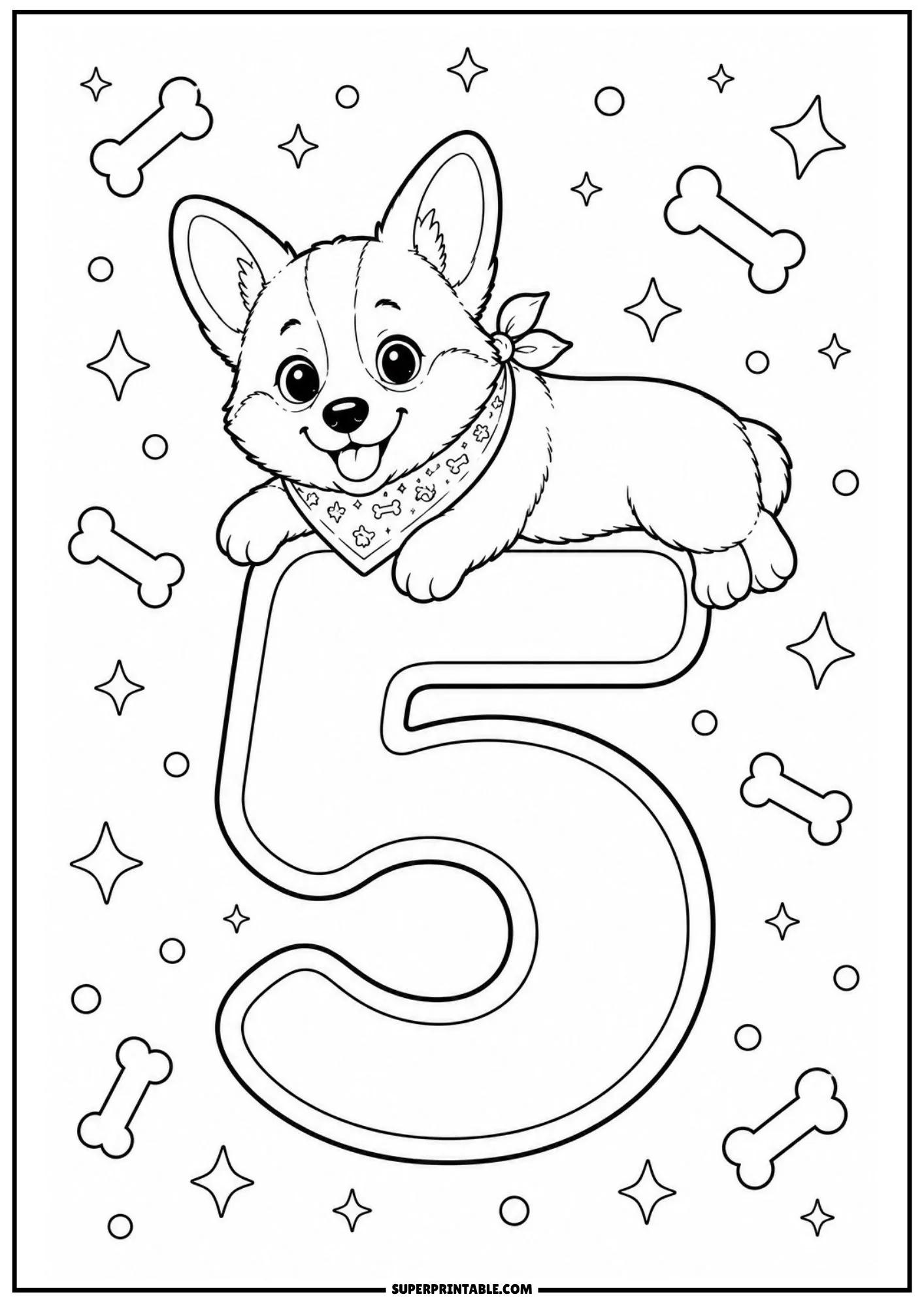 Playful corgi puppy resting comfortably atop a large number five surrounded by star doodles.