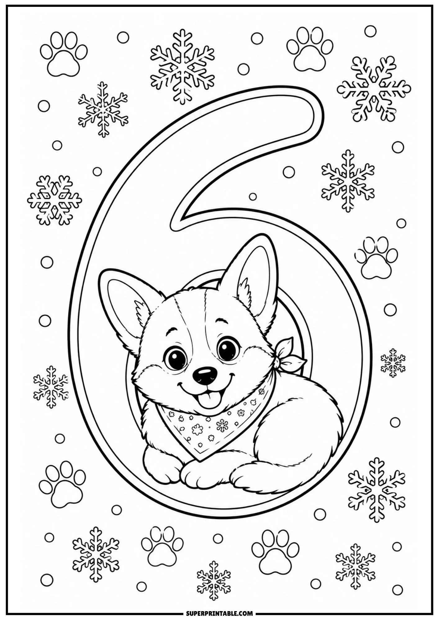 Smiling corgi puppy seated happily inside the loop of a giant number six with snowflakes.