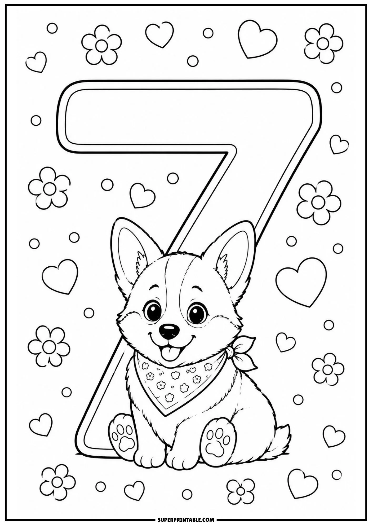 Happy corgi puppy seated cheerfully in front of a giant outline of the number seven.