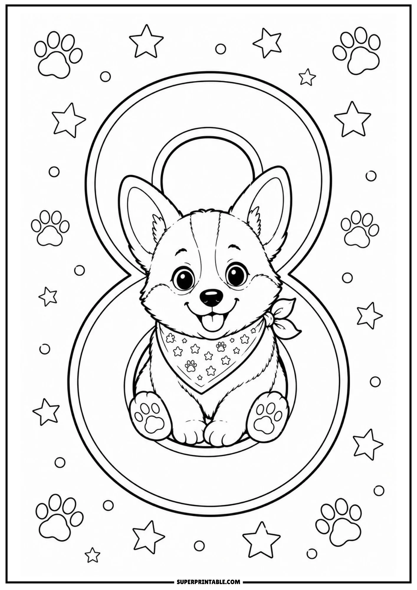 Cute corgi puppy sitting inside the lower circle of a large number eight line art drawing.