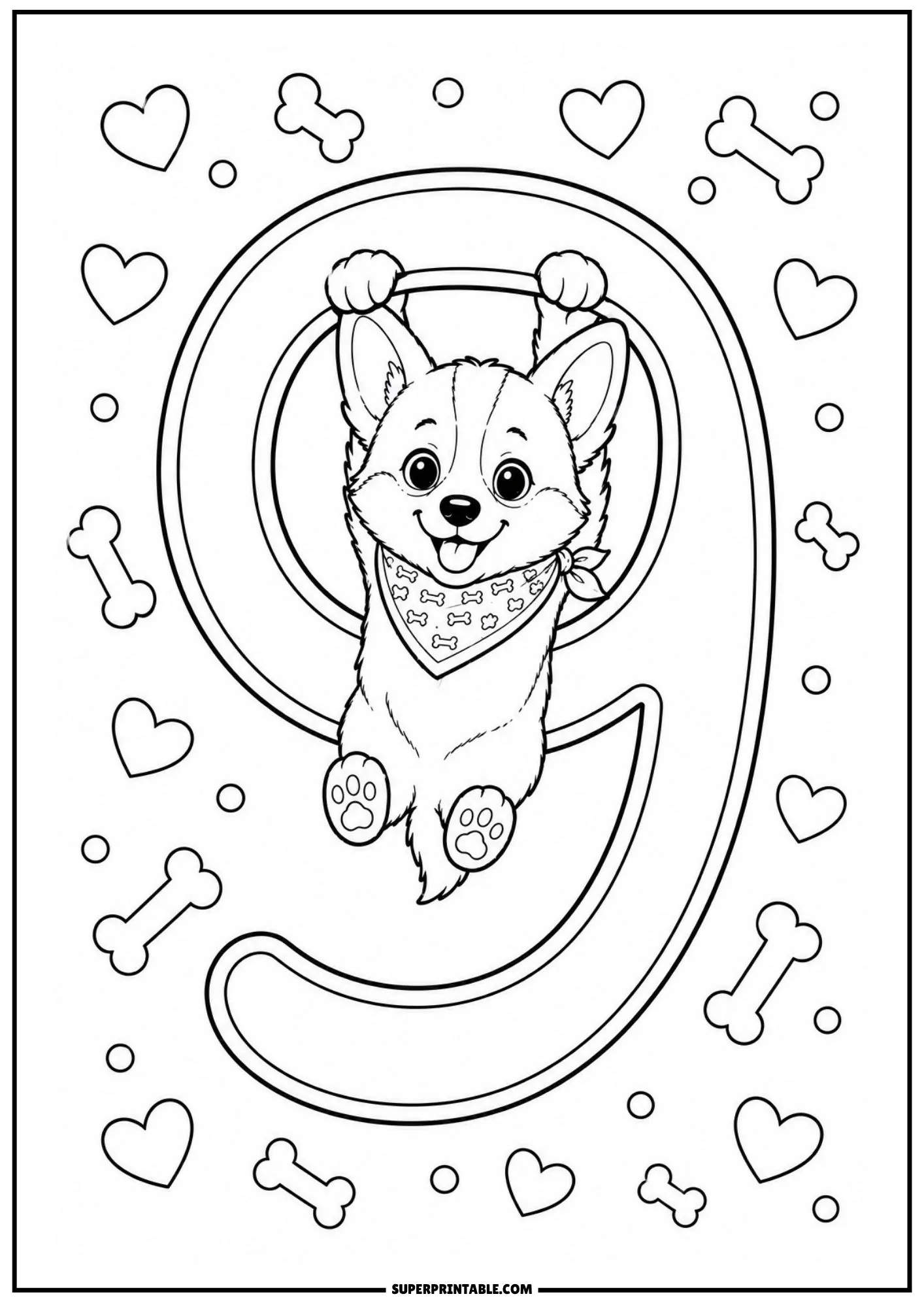 Playful corgi puppy holding onto the top bar of a giant number nine coloring sheet.