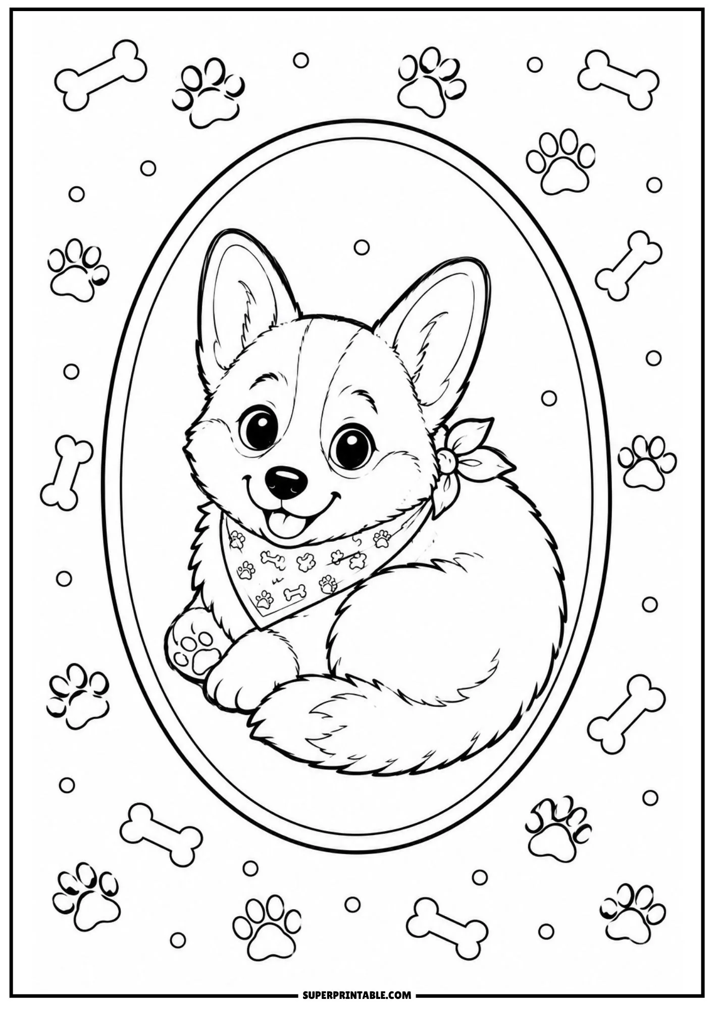 Corgi numbers coloring pages featuring a cute puppy sitting inside an oval frame with paw prints.