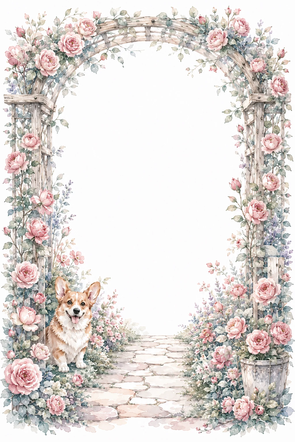 Watercolor border page featuring a Corgi in a rose trellis setting, with a blank center and no text or watermark.