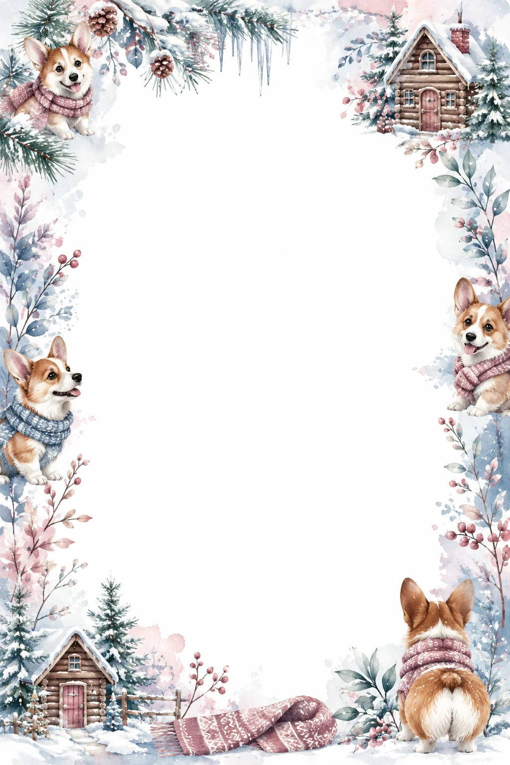 Watercolor border page featuring a Corgi in a snow cabin setting, with a blank center and no text or watermark.
