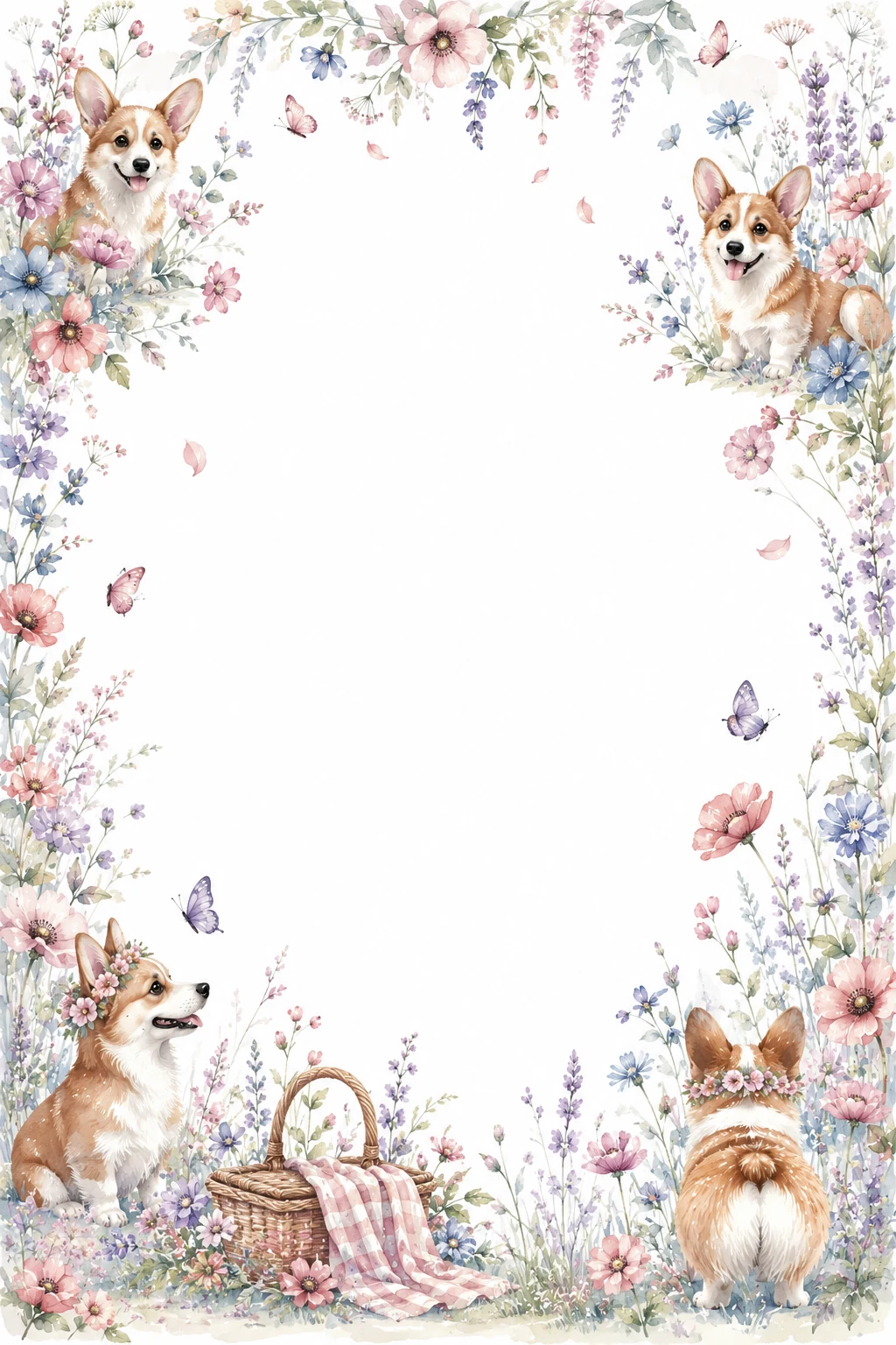 Watercolor border page featuring a Corgi in a spring meadow setting, with a blank center and no text or watermark.