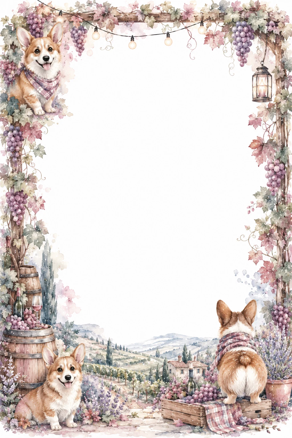 Watercolor border page featuring a Corgi in a vineyard setting, with a blank center and no text or watermark.