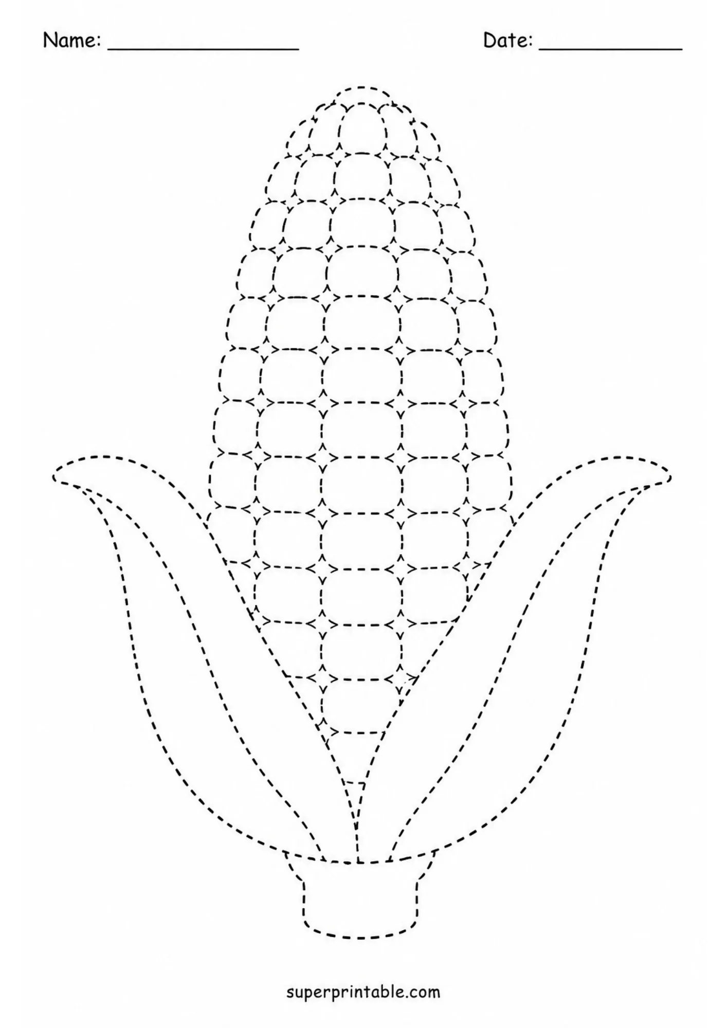 Ear of corn on the cob with kernel grid pattern in dashed outlines.