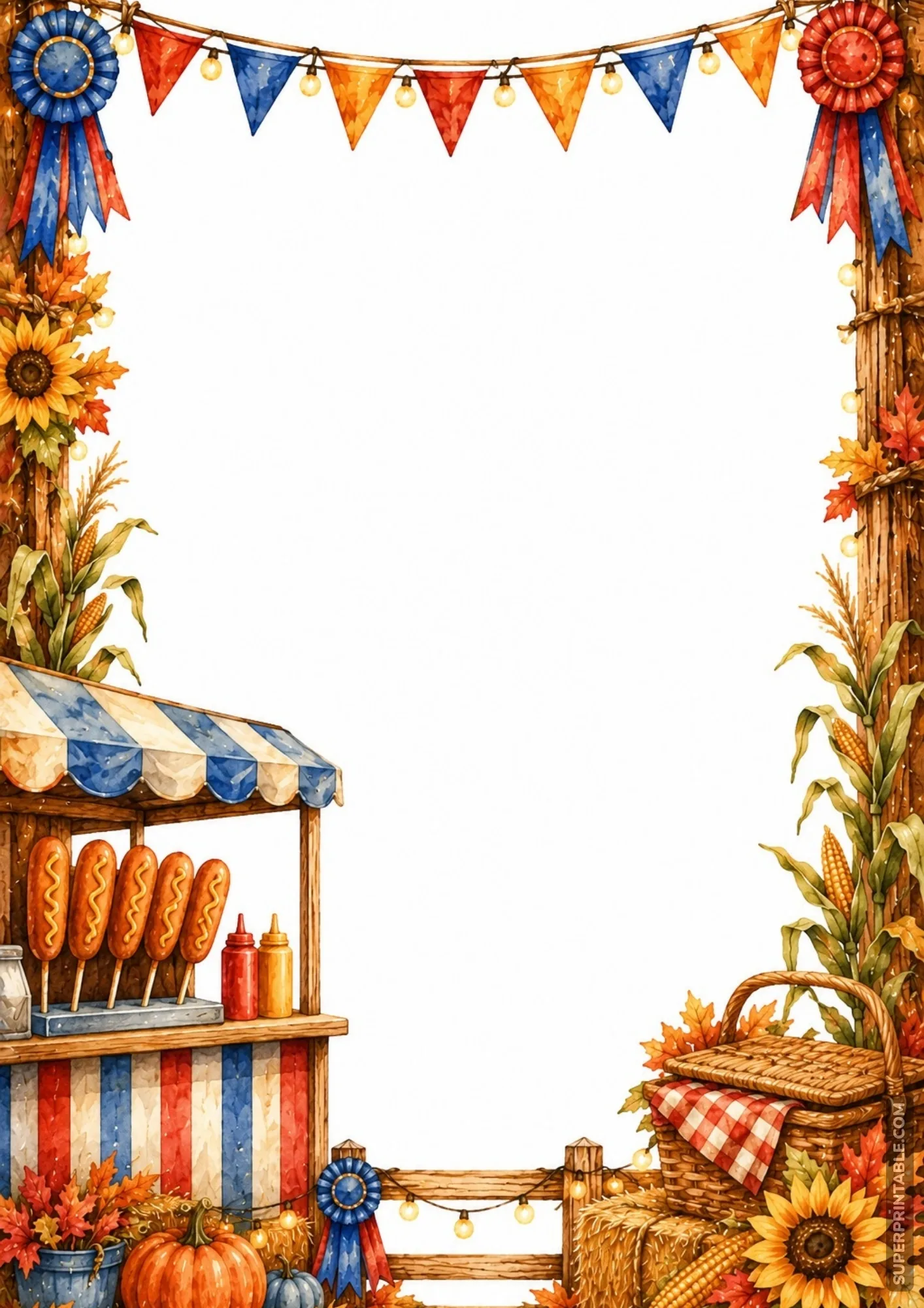 State fair page border with a red, white, and blue corn dog stand, wicker picnic basket, and award ribbons.