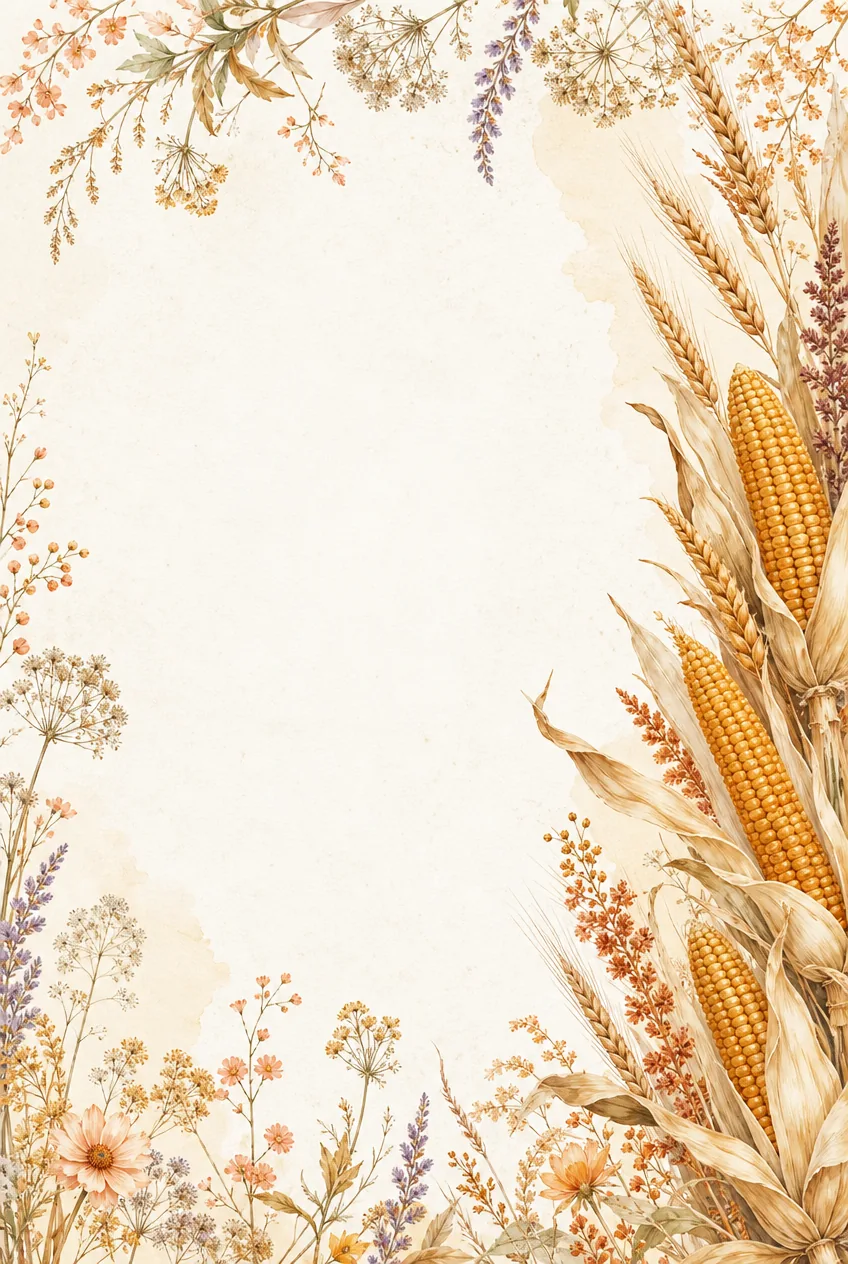 Golden harvest watercolor frame with corn cobs, wheat stalks, orange flowers, lavender, and meadow plants