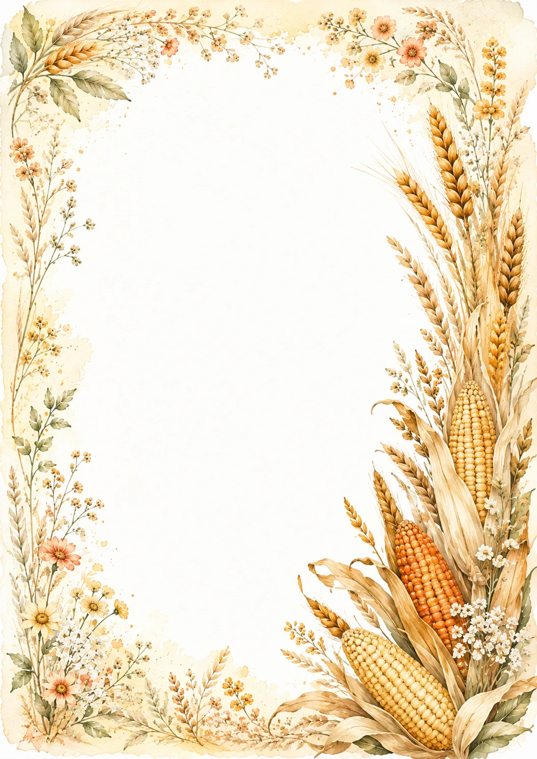 Golden corn and wheat harvest border with delicate wildflowers and open white writing space