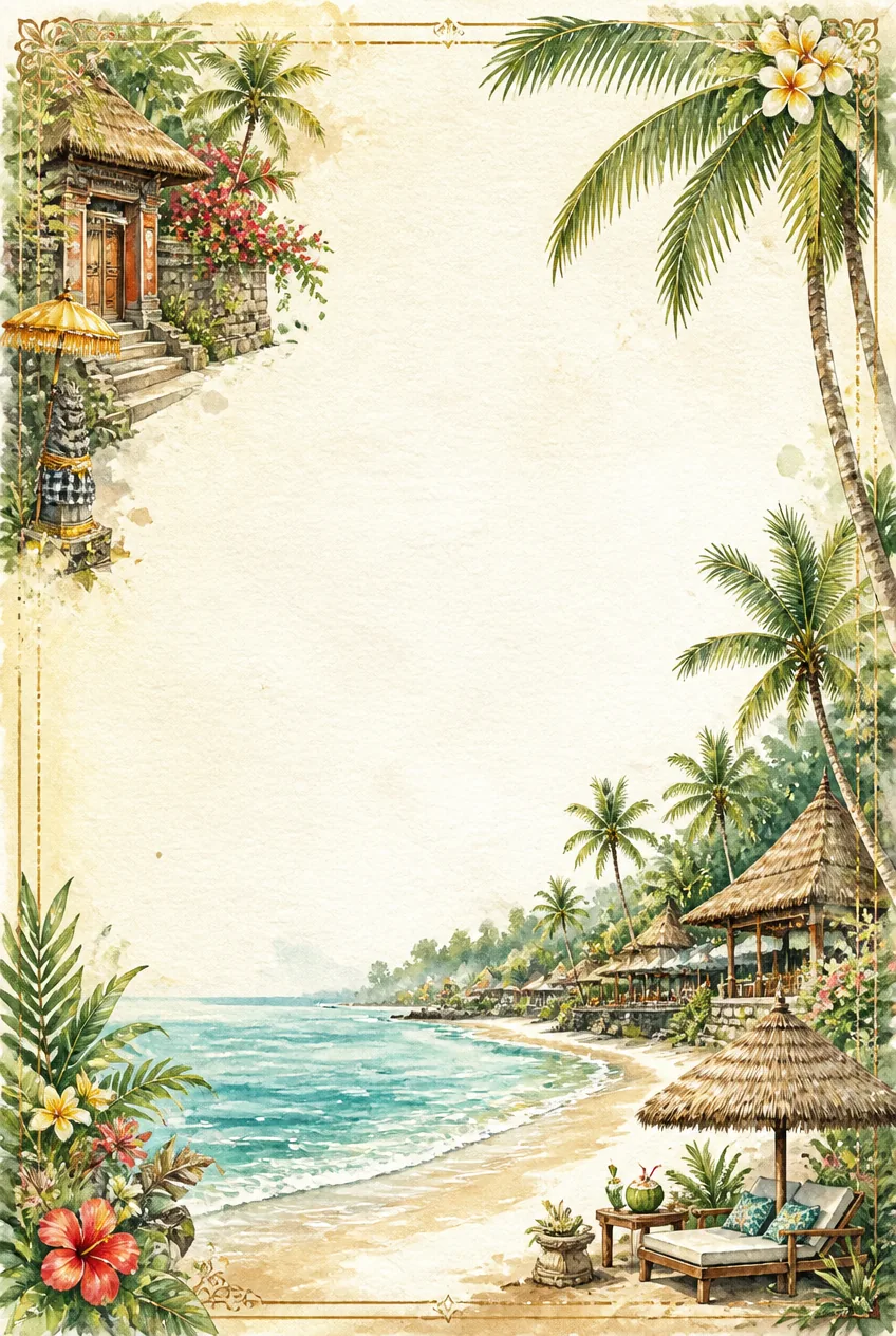 Stone seaside cottages and harbor boats watercolor frame on an unruled writing paper page.