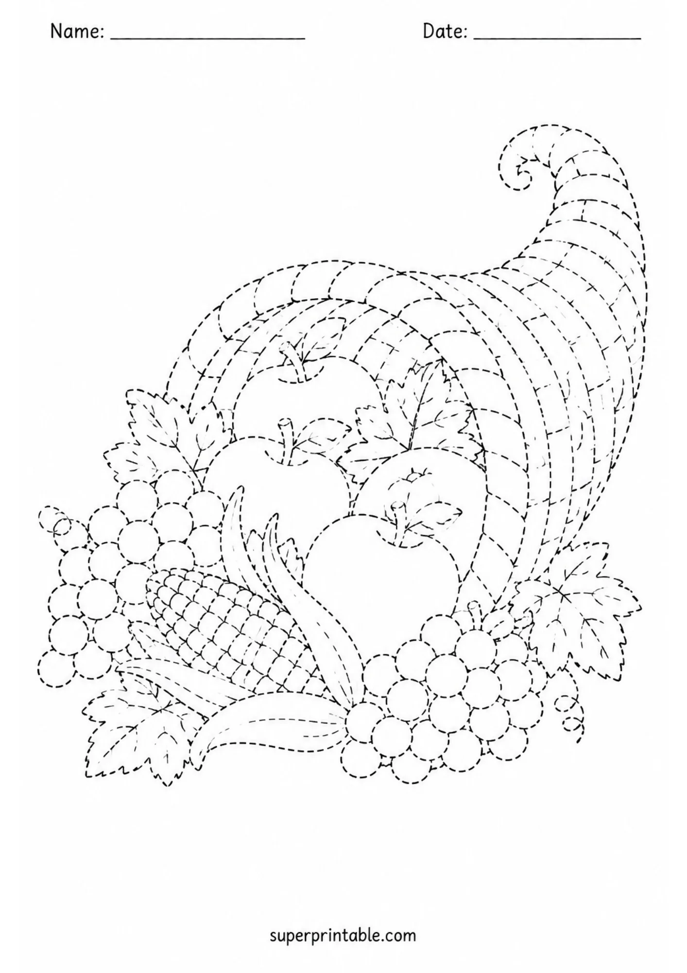Cornucopia horn of plenty printable tracing worksheet filled with fall harvest fruit.
