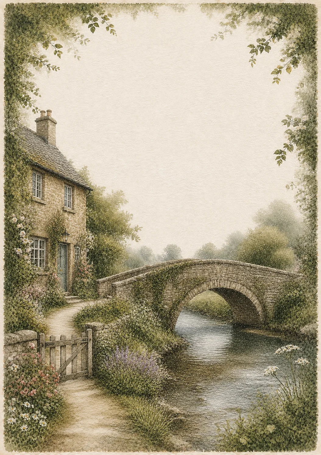 Watercolor arched stone bridge and ivy covered cottage along a scenic stream with vine border framing.